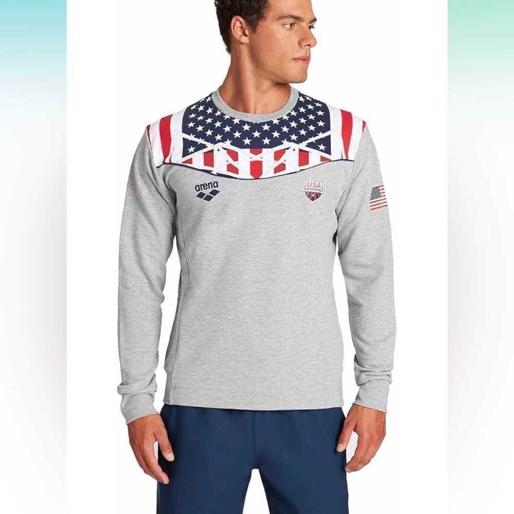 NWT New ARENA USA Bishamon Swimming Logo American Flag Sweatshirt Gray Medium